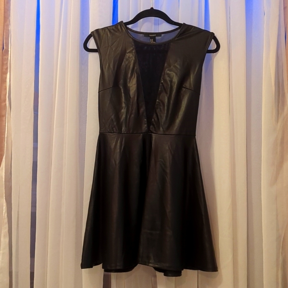 Black leather looking deep v-neck skater dress - Picture 1 of 5
